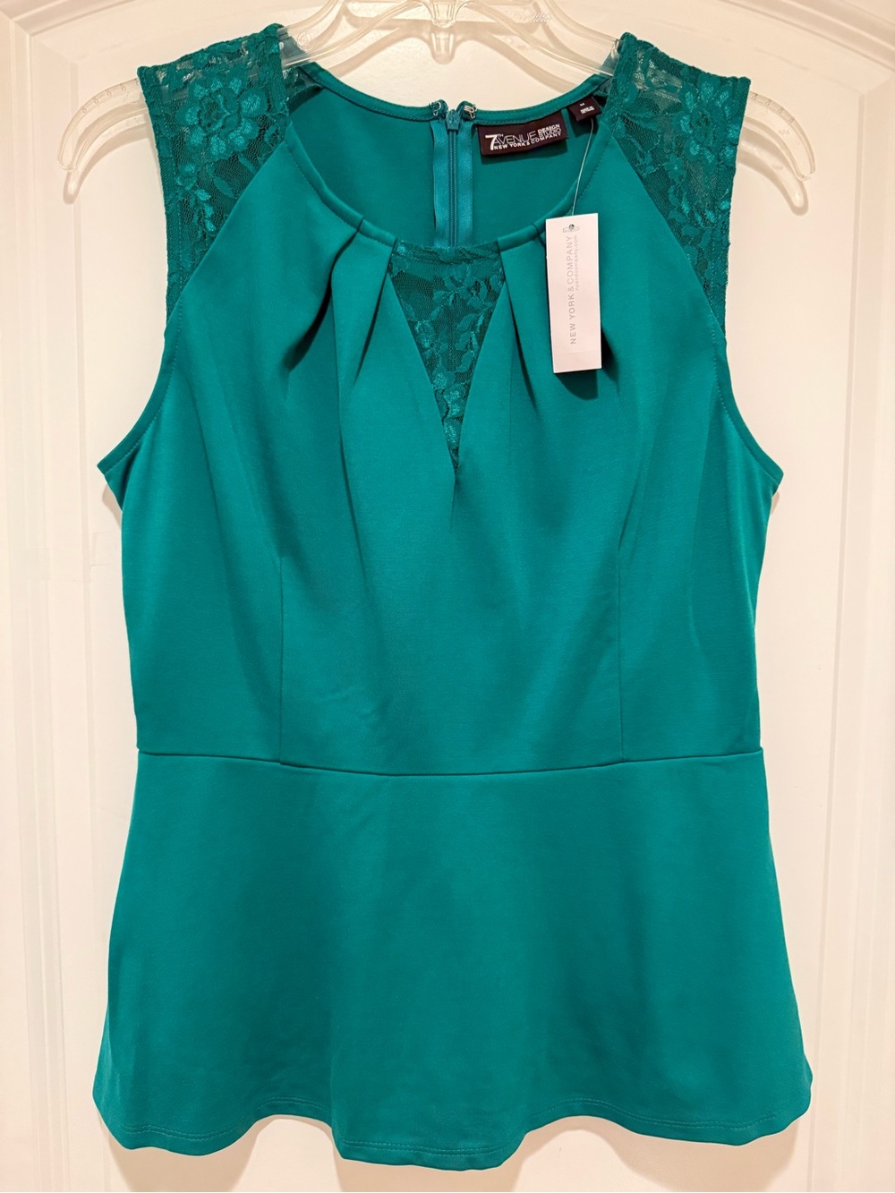 New York and Company Teal Lace-Shoulder Peplum Top - Picture 5 of 17